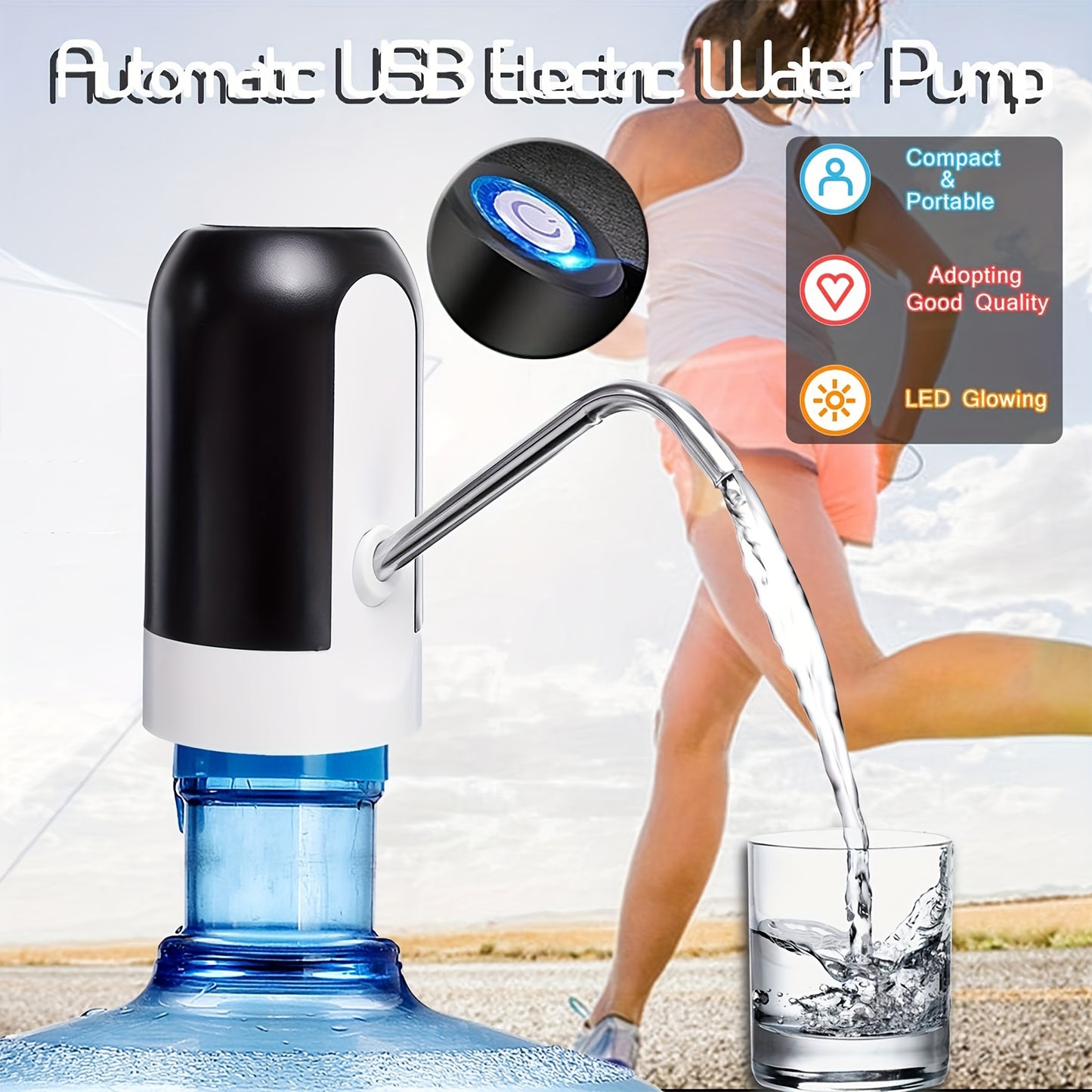 USB Rechargeable Electric Water Bottle Pump - Automatic Dispenser for 11.36-18.93 L Jugs, Portable Camping Drinkware Accessory by Sanhao