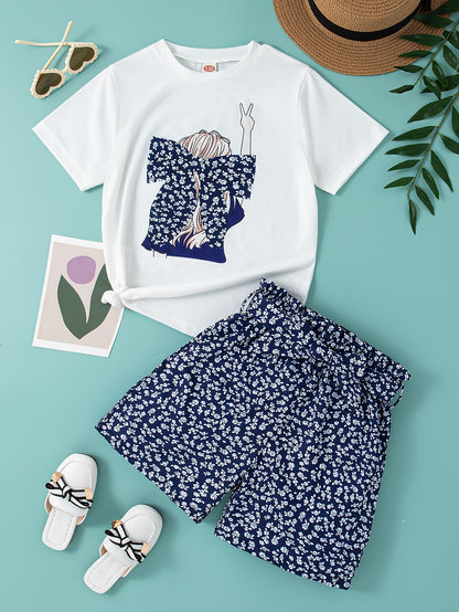 Girls' Summer Casual Outfit Set - Cartoon Print Bow T-Shirt & Floral Shorts with Belt, Breathable Polyester Blend, Perfect for Outdoor