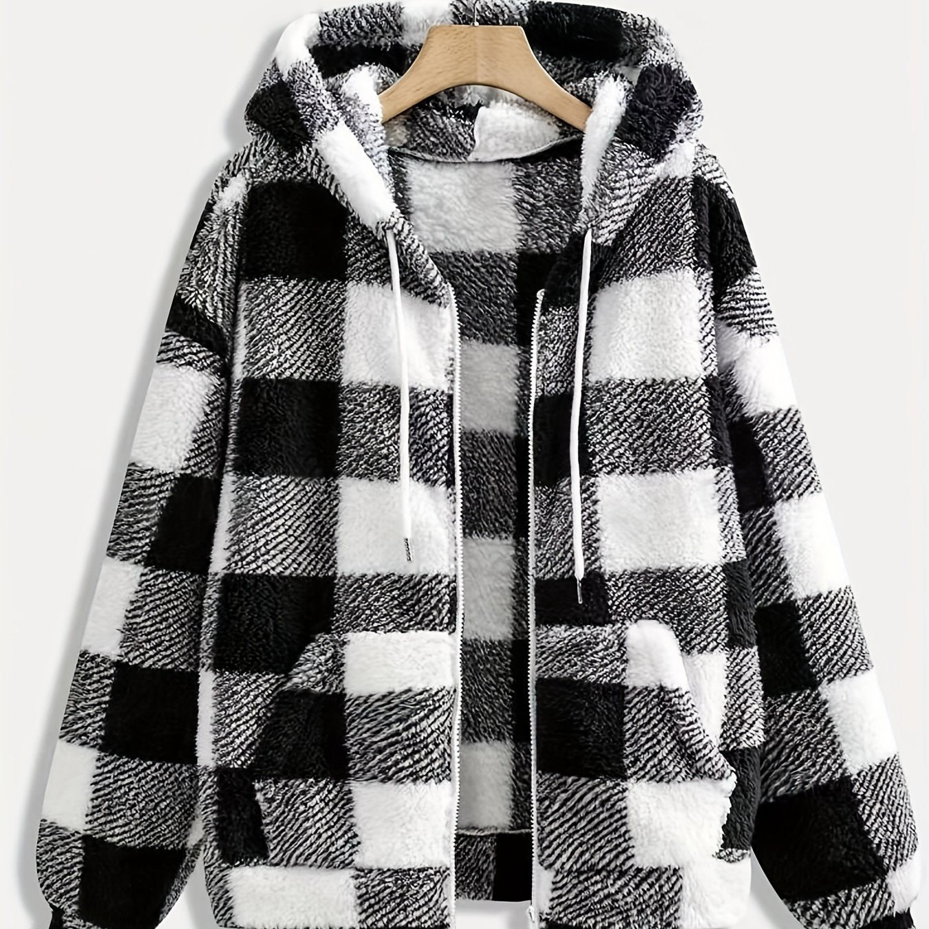 Plaid Pattern Drawstring Hooded Teddy Coat, Casual Pockets Long Sleeve Thermal Fuzzy Outwear For Fall & Winter, Women's Clothing