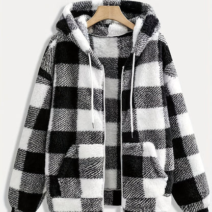 Plaid Pattern Drawstring Hooded Teddy Coat, Casual Pockets Long Sleeve Thermal Fuzzy Outwear For Fall & Winter, Women's Clothing