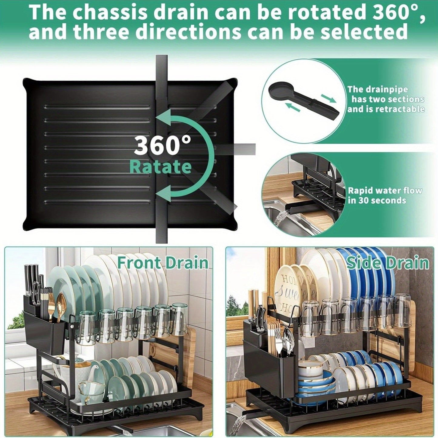 2 Tier Stainless Steel Dish Drying Rack with Drainboard, Adjustable Dish Drainer for Kitchen Counter with Utensil Holder and Cup Rack – Rotatable Drainage System