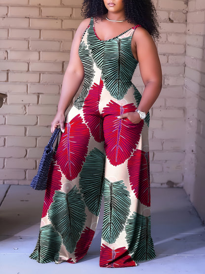Plus Size, Plus Size Women's Sleeveless V-Neck Geometric Striped Jumpsuit - Wide-Leg Beach Vacation Outfit, Green Yellow White Purple Casual Elegance, Machine Washable All-Season Wear, Beach Clothes, Summer Wardrobe, Elegant