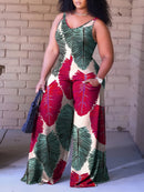 Plus Size, Plus Size Women's Sleeveless V-Neck Geometric Striped Jumpsuit - Wide-Leg Beach Vacation Outfit, Green Yellow White Purple Casual Elegance, Machine Washable All-Season Wear, Beach Clothes, Summer Wardrobe, Elegant