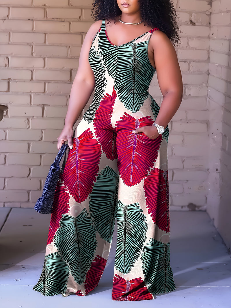 Plus Size, Plus Size Women's Sleeveless V-Neck Geometric Striped Jumpsuit - Wide-Leg Beach Vacation Outfit, Green Yellow White Purple Casual Elegance, Machine Washable All-Season Wear, Beach Clothes, Summer Wardrobe, Elegant