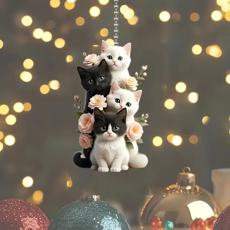 Charming Acrylic Cat & Floral Hanging Ornament - Versatile 2D Decor for Car Rearview Mirror, Bags & Keychains - Perfect Couple's Gift & Holiday Accessory