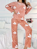 [Home Relaxation] Cozy & Warm Women's Fleece Pajama Set in Green with White Cartoon Rabbit Pattern - Soft Polyester, Anti-Static, Machine Washable - Elegant Home Loungewear with Round Neck Top & Pants for Fall/Winter, Plus Si