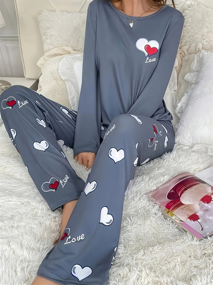Cozy & Cute Women's Heart Pattern Pajama Set in Dark Gray - Long Sleeve & Pants, Round Neck, Soft Polyester Blend, Machine Washable Sleepwear for Autumn/Winter