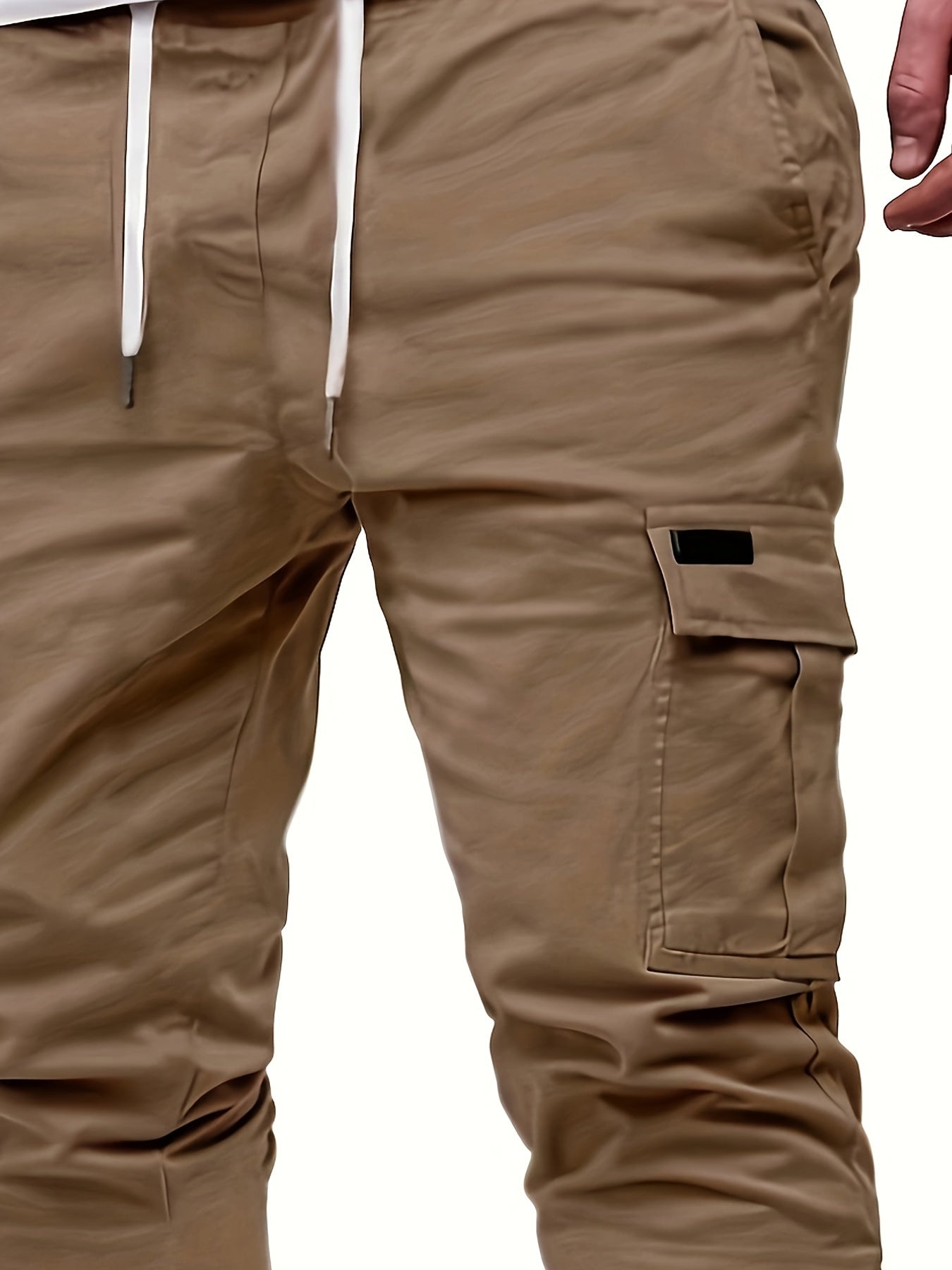 Men's Fashion, Regular Fit And Cuffed Solid Cargo Pants With Flap Pockets, Chic And Trendy Solid Drawstring Leisure Trousers For Daily Outerwear