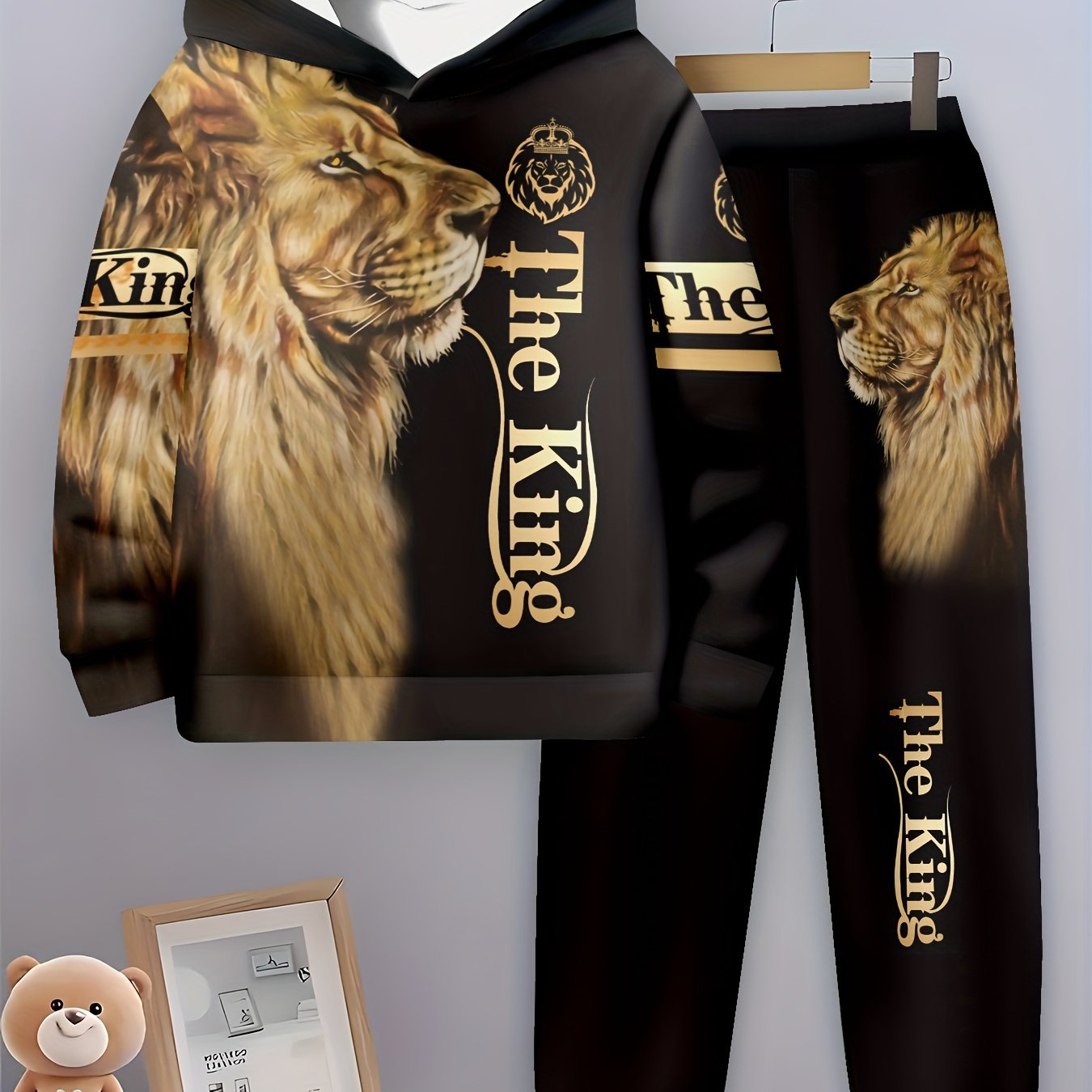 Boys' 3D Lion Print Hoodie &amp; Joggers Set - Casual, Comfy Polyester Outfit for Spring/Fall, Perfect for Outdoor