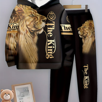 Boys' 3D Lion Print Hoodie &amp; Joggers Set - Casual, Comfy Polyester Outfit for Spring/Fall, Perfect for Outdoor