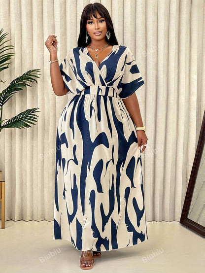 Plus Size Allover Print Surplice Neck A-line Dress, Elegant Short Sleeve Ankle Length Dress For Spring & Summer, Women's Plus Size Clothing