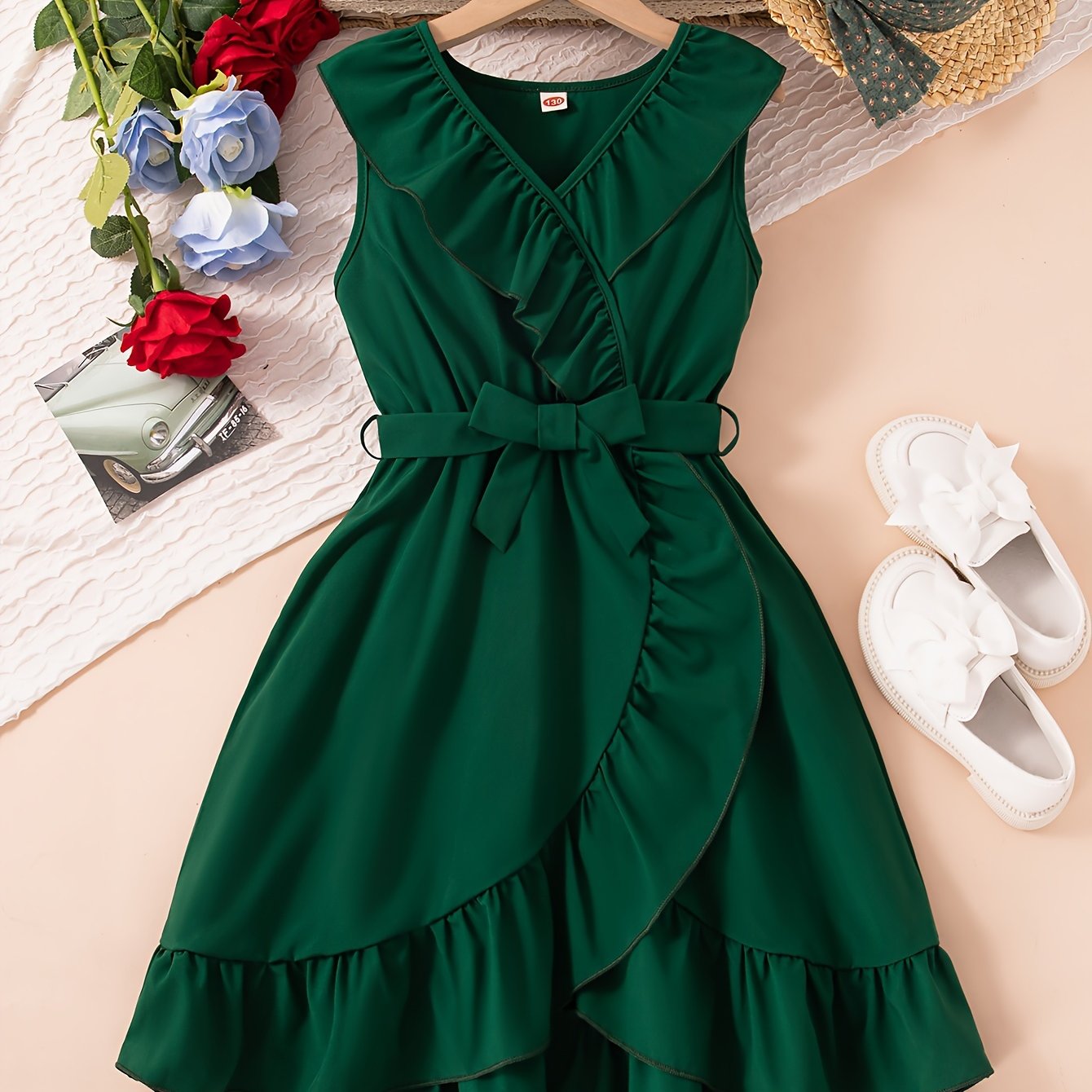 HWMFSNHFZ Elegante vestido de verano para niñas con cinturón, sin mangas y ribete de volantes lisos, ropa de fiesta
