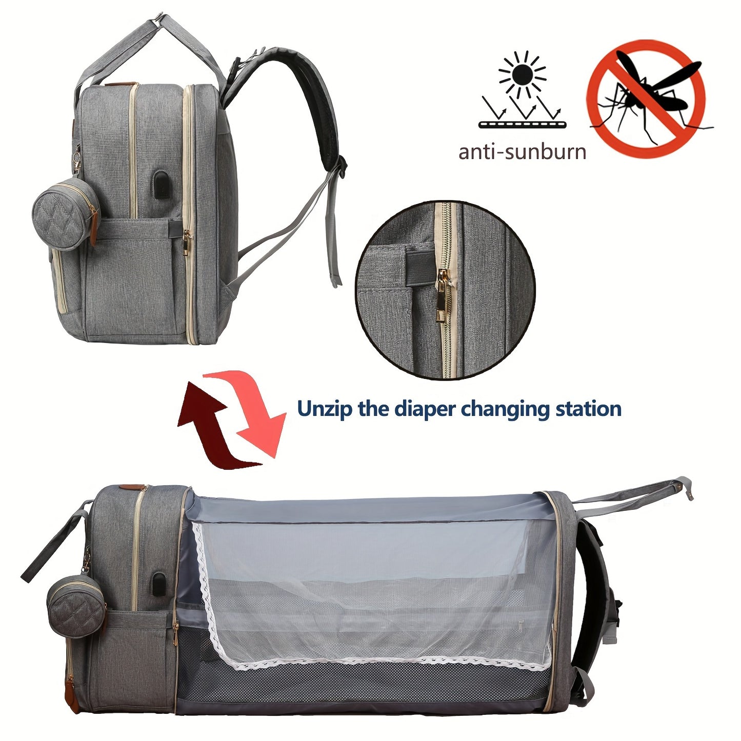 Mochila cambiadora Lamroro, cambiador con puerto de carga USB, multifuncional, gran capacidad y cambiador.