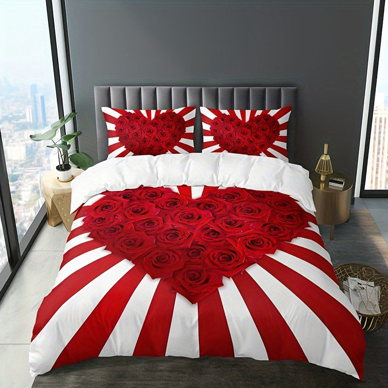 3pcs Romantic Red & White Rose Floral Print Bedding Set - Includes 1 Duvet Cover & 2 Pillowcases, Breathable Polyester, All-Season Comfort, HD Print for Home & Dorm Decor, Bed Accessories