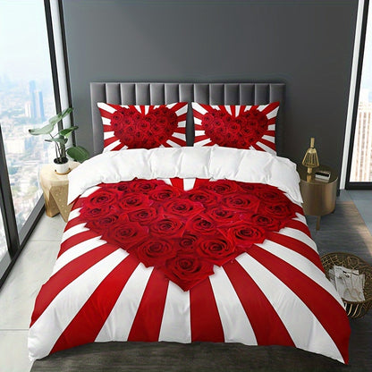 3pcs Romantic Red & White Rose Floral Print Bedding Set - Includes 1 Duvet Cover & 2 Pillowcases, Breathable Polyester, All-Season Comfort, HD Print for Home & Dorm Decor, Bed Accessories