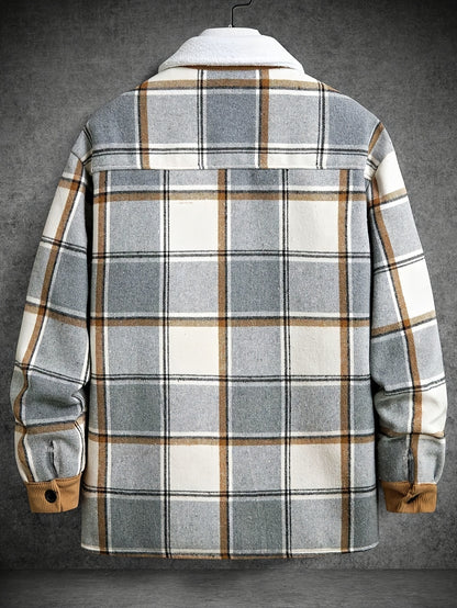 1pc Men'S Casual Plaid Fleece Jacket, Thickened Outerwear with Button Closure, Polyester Fabric, Non-Stretch, Regular Fit, Autumn/Winter Season, Solid Color Pocket Detail