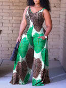 Plus Size, Plus Size Women's Sleeveless V-Neck Geometric Striped Jumpsuit - Wide-Leg Beach Vacation Outfit, Green Yellow White Purple Casual Elegance, Machine Washable All-Season Wear, Beach Clothes, Summer Wardrobe, Elegant