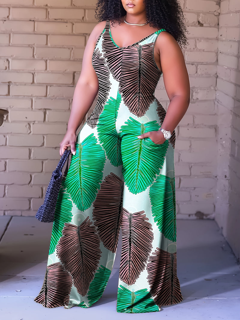 Plus Size, Plus Size Women's Sleeveless V-Neck Geometric Striped Jumpsuit - Wide-Leg Beach Vacation Outfit, Green Yellow White Purple Casual Elegance, Machine Washable All-Season Wear, Beach Clothes, Summer Wardrobe, Elegant