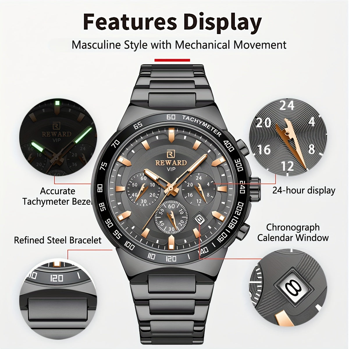 REWARD Black Quartz Watches For Men, Sport Chronograph Luminous Waterproof Wrist Watches