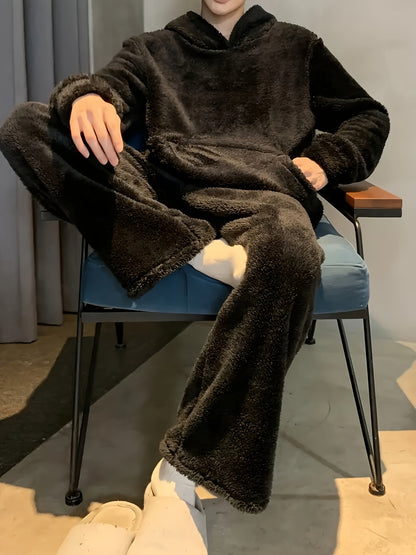 1set Men'S Casual Fleece Pajama Set - Cozy Flannel Loungewear with Hooded Long Sleeve Top and Loose Pants, Solid Color, Polyester, Knitted Fabric, with Pockets, Regular Fit for Autumn/Winter