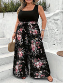 Plus Size - Women'S Elegant Sleeveless Floral Print Jumpsuit with Belt - Stretchy, Loose Fit, Square Neck, Long Length, Black with Pink & White Flowers, All-Season Comfort, Casual Wear Jumpsuit | Floral Print Jumpsuit | Comfo
