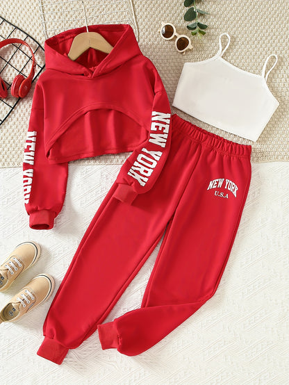 Girls' 3pcs Fashion Outfit, Short Hoodie and Tank Top with Athletic Pants Set, New York Print Casual Long Sleeve Top, Kids Spring/Summer/Autumn/Winter Clothing, Knitted Fabric, Stretchy, Letter Pattern, Regular Fit, Polyester