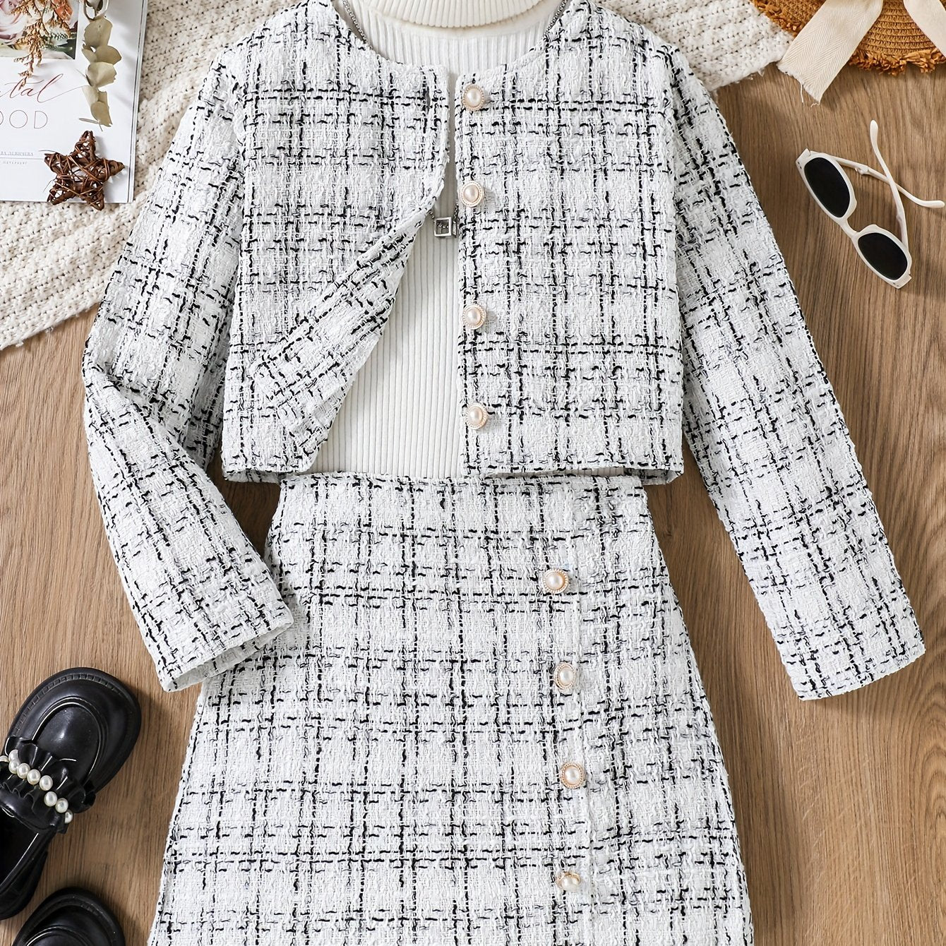 [2pcs] Elegant Tweed Knit Crew Neck Plaid Jacket + Skirt Set Girls Outdoor Outfit, Suitable For Spring Fall