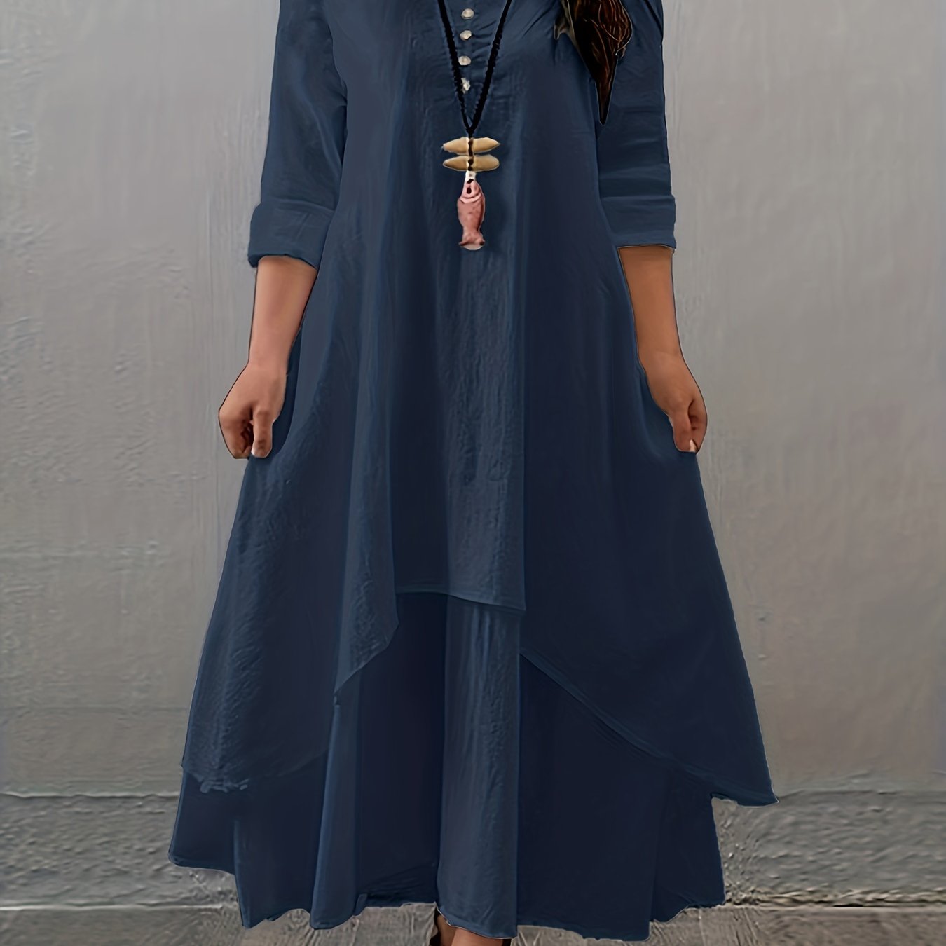 Plus Size Solid Layered Hem Dress, Casual Long Sleeve Dress For Spring &amp; Fall, Women's Plus Size Clothing