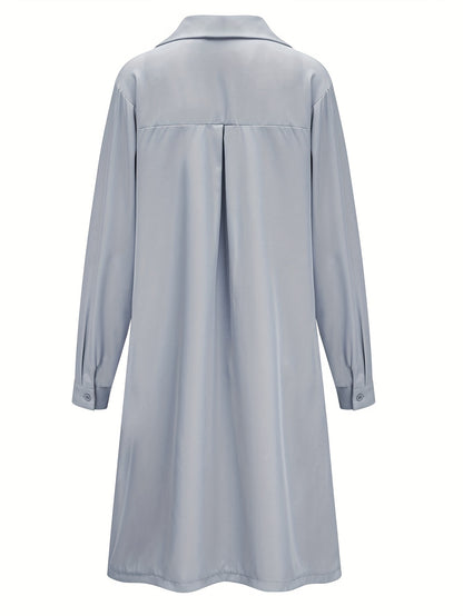 Plus Size Casual Dress, Women's Plus Solid Button Up Long Sleeve Turn Down Collar Shirt Dress