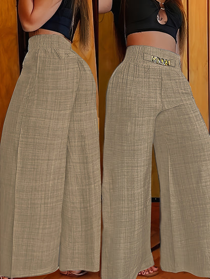Elegante pantalón ancho con cintura fruncida. Mezcla de poliéster, sin elasticidad, color liso, apto para todas las estaciones.