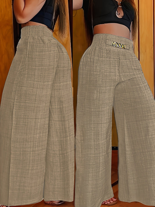 Elegant Wide-Leg Pants with Gathered Waist - Polyester Blend, No Stretch, Solid Color, Suitable for All Seasons