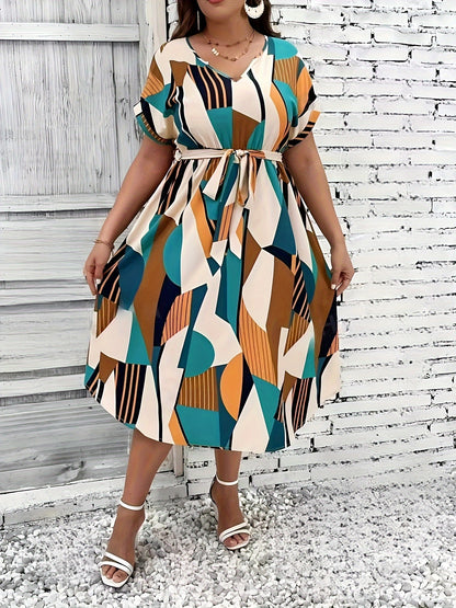 Vestido con estampado tropical y mangas murciélago, talla grande, escote en V, cintura con cinturón, poliéster ligero, lavable a máquina, ideal para vacaciones de verano. Vestidos de verano de talla grande.