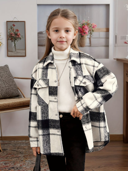 Abrigo de pana con botones, manga larga y estampado a cuadros, con bolsillos, para niñas, moderno y elegante, ideal para actividades al aire libre en primavera, otoño e invierno.
