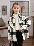 Girls Trendy & Stylish Long Sleeve Plaid Pattern Button Up Corduroy Coat With Pockets For Spring & Fall & Winter Outdoor Activities