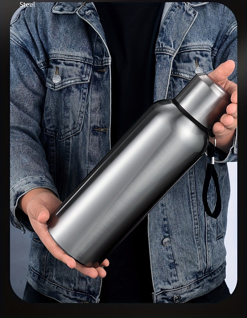 Botella de agua térmica de acero inoxidable: gran capacidad, a prueba de fugas y portátil para actividades al aire libre, deportes y viajes. Sin BPA.