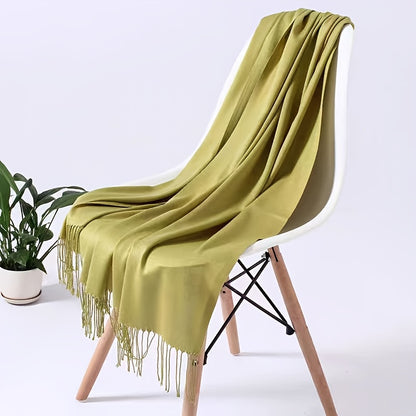 1pc Elegant and simple plain tassel long scarf with warm and versatile thin fabric, suitable for daily wear in all seasons, can also be used as a lady's air-conditioning shawl