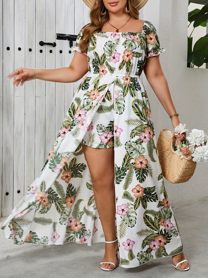 Women'S Plus Size Off-the-Shoulder Tropical Print Jumpsuit with Short Sleeves, Split Hem, and Floral Accents - Ideal for Beach, Vacation, and Summer Events, Beach Attire|Tropical Print Jumpsuit|Floral Accents, Beach Clothes