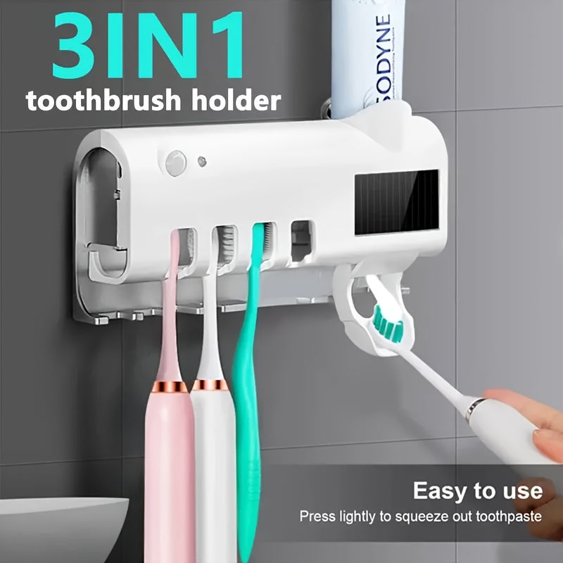 1pc Smart UV Disinfecting Toothbrush Holder with Solar Panel, Wall-Mounted 4-Slot Toothbrush Sanitizer and Squeegee Toothpaste Dispenser, Automatic Power-Off, Bathroom Accessory, No-Drill Installation, USB Rechargeable Lithiu