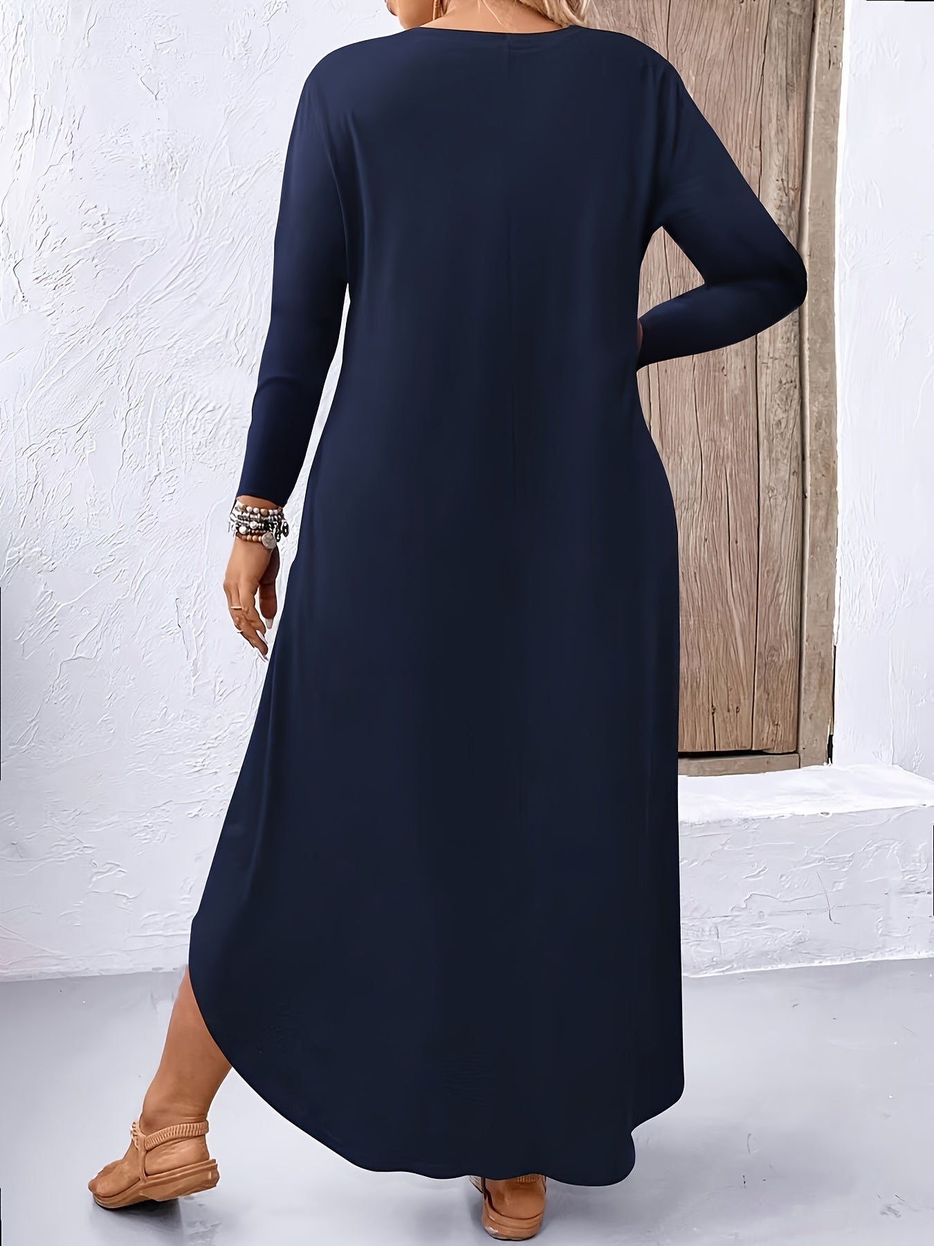 Plus Size Solid Color Dress, Casual Long Sleeve Crew Neck Dress for Spring & Fall, Women's Plus Size Clothing