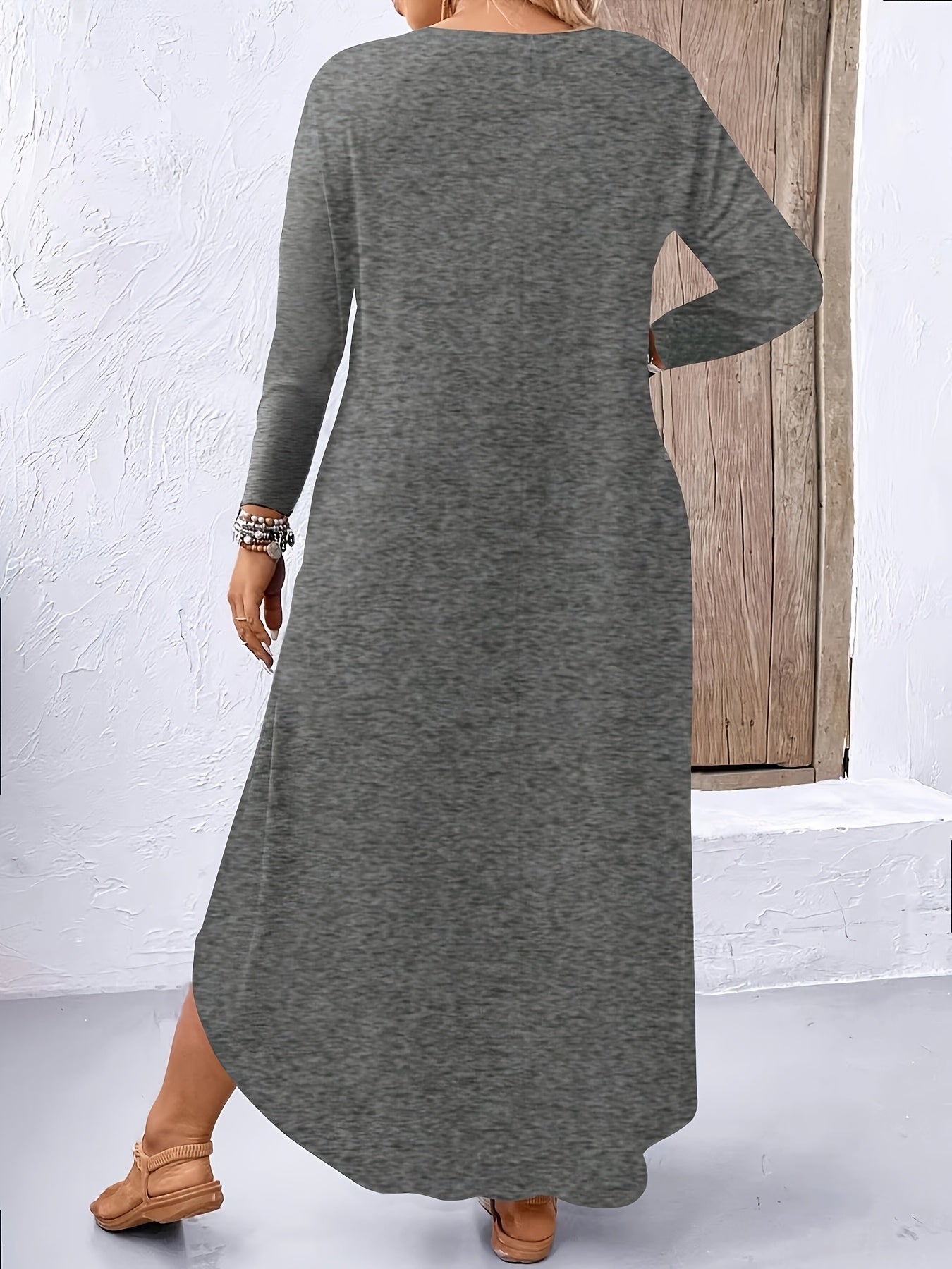 Plus Size Solid Color Dress, Casual Long Sleeve Crew Neck Dress for Spring & Fall, Women's Plus Size Clothing