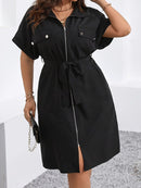 Elegant Plus Size Black Dress for Women - Summer Long Dress with Batwing Sleeves, Front Zipper, and Tie Waist