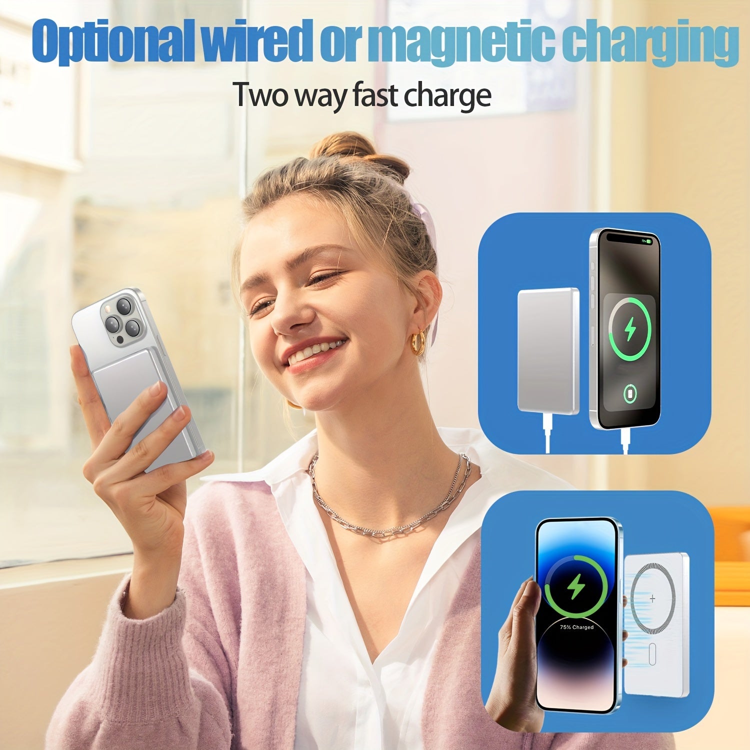5000mAh Magnetic Wireless Power Bank With USB-C - Fast Charge Compatible For iPhone 15/14/13/12 & For Airpods, Portable Charger Piece