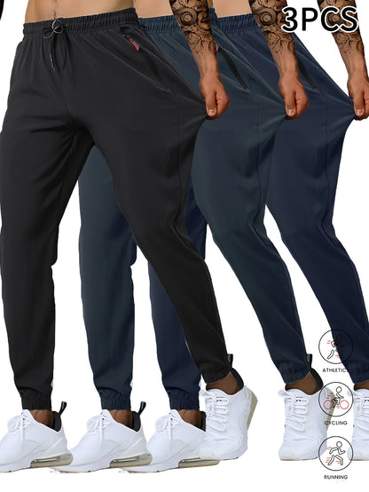 3pcs Men's High-Waist Athletic Pants - Breathable, Quick-Dry Fabric with Zipper Pockets | Ideal for Gym, Running & Outdoor Activities | Slim Fit, All-Season Wear in Black, Navy, Dark Blue, Yoga Apparel|Smooth Texture Pants|Br