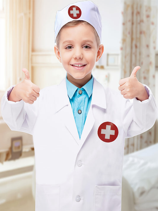 Traje de fiesta con temática profesional para niño: bata blanca y gorro a juego. Conjunto de 2 piezas de disfraz de enfermera, corte holgado, perfecto para Halloween, carnaval y presentaciones escolares.