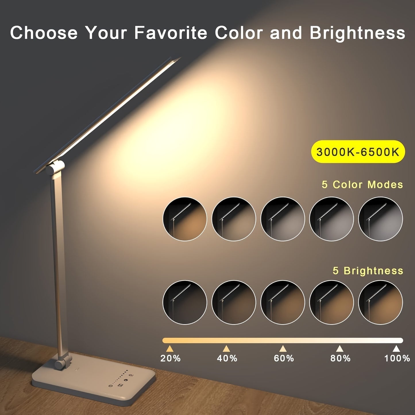 Lámpara de escritorio LED portátil y plegable para el hogar, la oficina y el dormitorio. 5 niveles de brillo y 5 temperaturas de color (3000k-6500k) para adaptarse a diferentes usos.