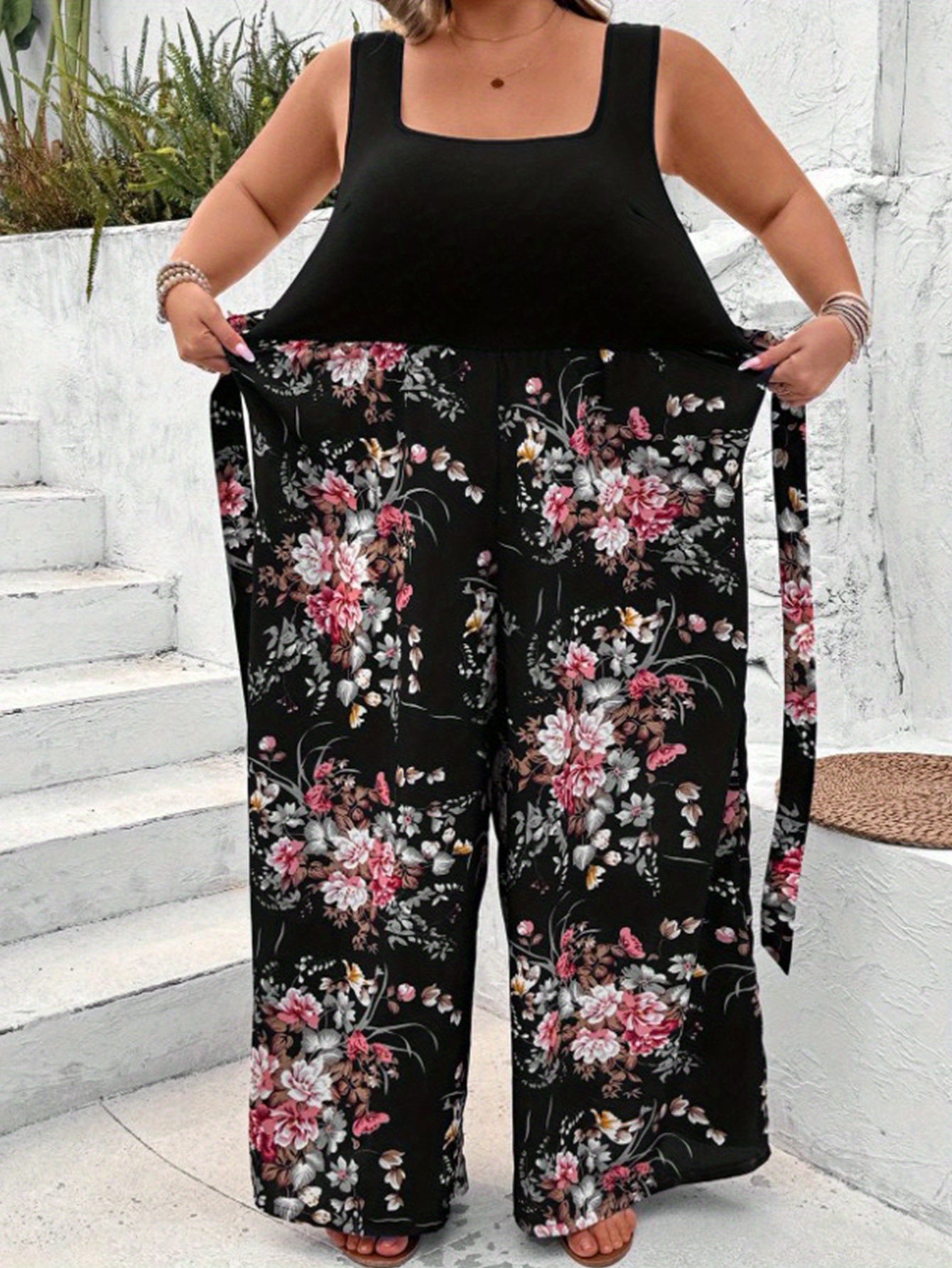 Plus Size - Women'S Elegant Sleeveless Floral Print Jumpsuit with Belt - Stretchy, Loose Fit, Square Neck, Long Length, Black with Pink & White Flowers, All-Season Comfort, Casual Wear Jumpsuit | Floral Print Jumpsuit | Comfo