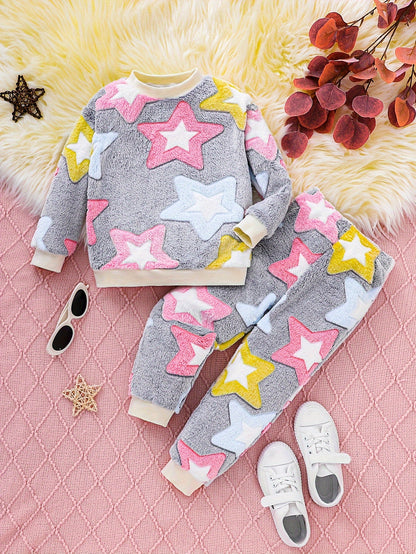 Cozy Girls' Fleece-Lined Star Pattern Pajama Set - Long Sleeve & Pants, Warm & Comfortable Casual Home Wear for Autumn/Winter, Machine Washable, Polyester