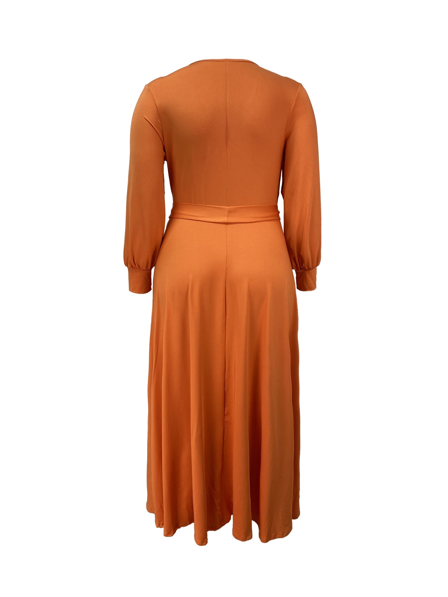 Plus Size Solid Color Tie Waist Dress, Elegant Long Sleeve Surplice Neck Maxi Dress For Spring & Fall, Women's Plus Size Clothing