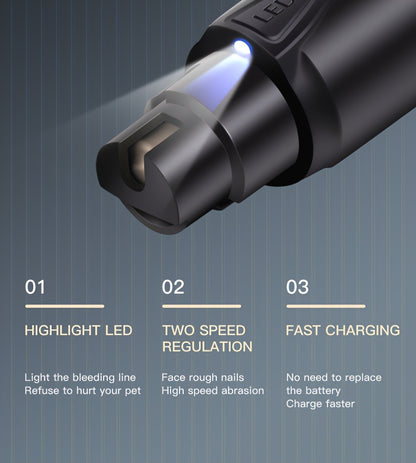 Rechargeable Pet Nail Grinder with LED Light - USB Powered, Lithium Battery, Ideal for Dogs &amp; Cats