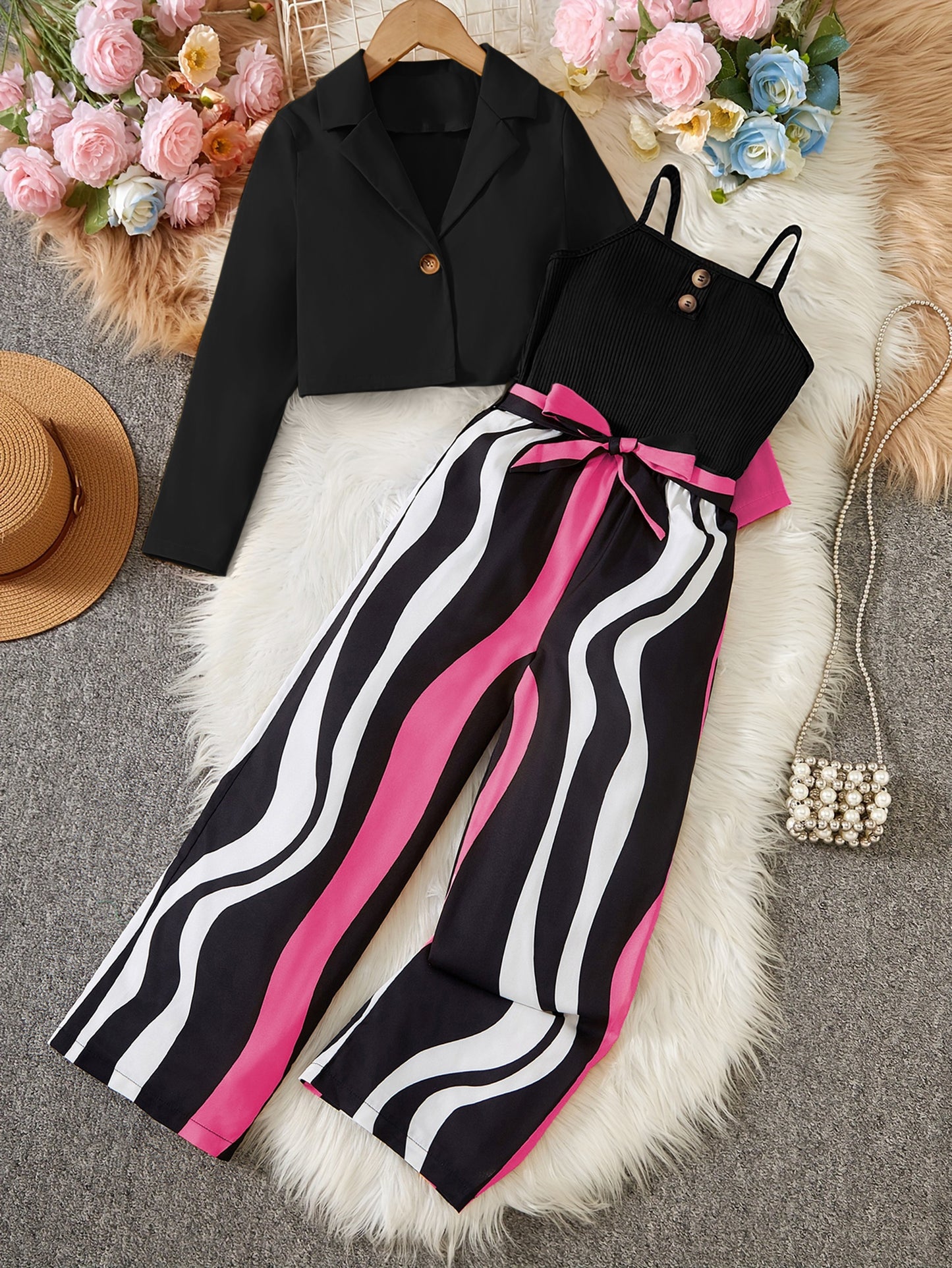 Conjunto de niña: Blazer corto de manga larga + camisola + mono de rayas. Incluye cinturón [patrón de rayas aleatorio] y ropa de exterior.